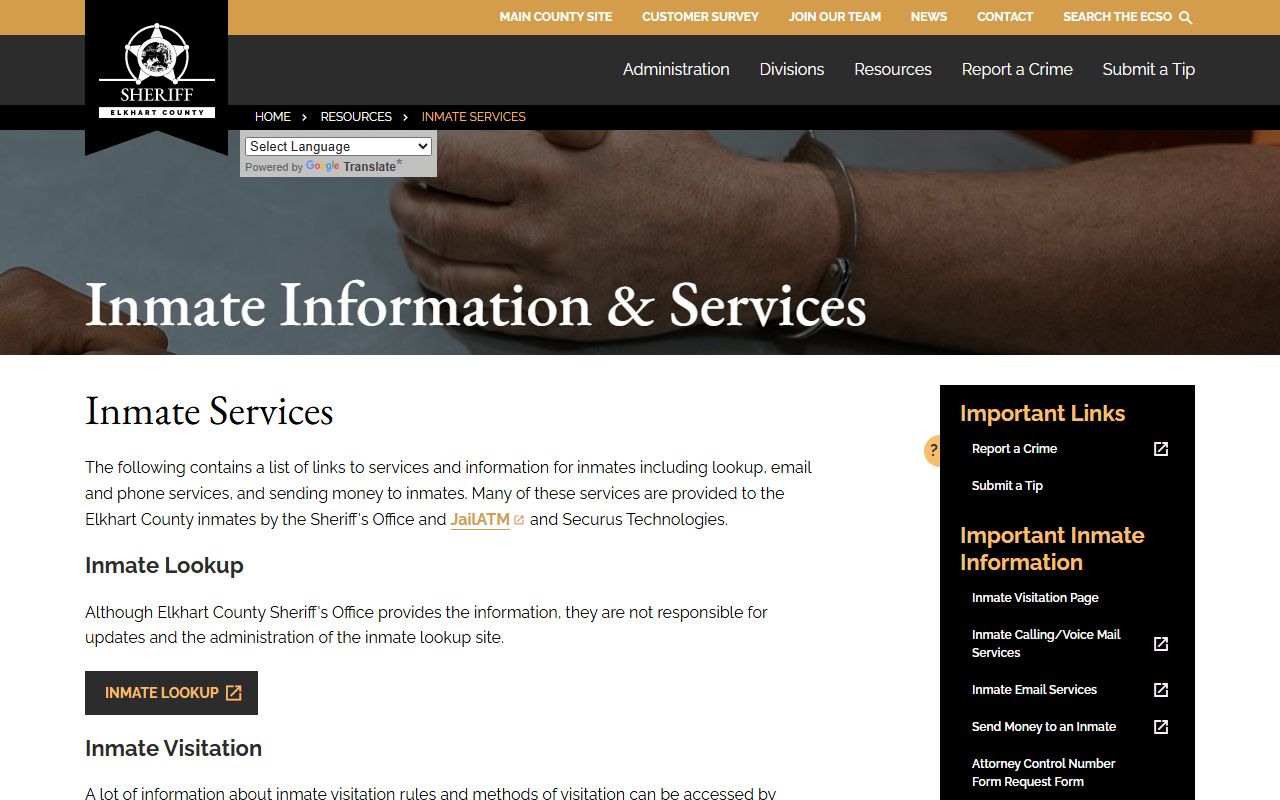 Elkhart County Sheriff inmate services page for Elkhart booking releases