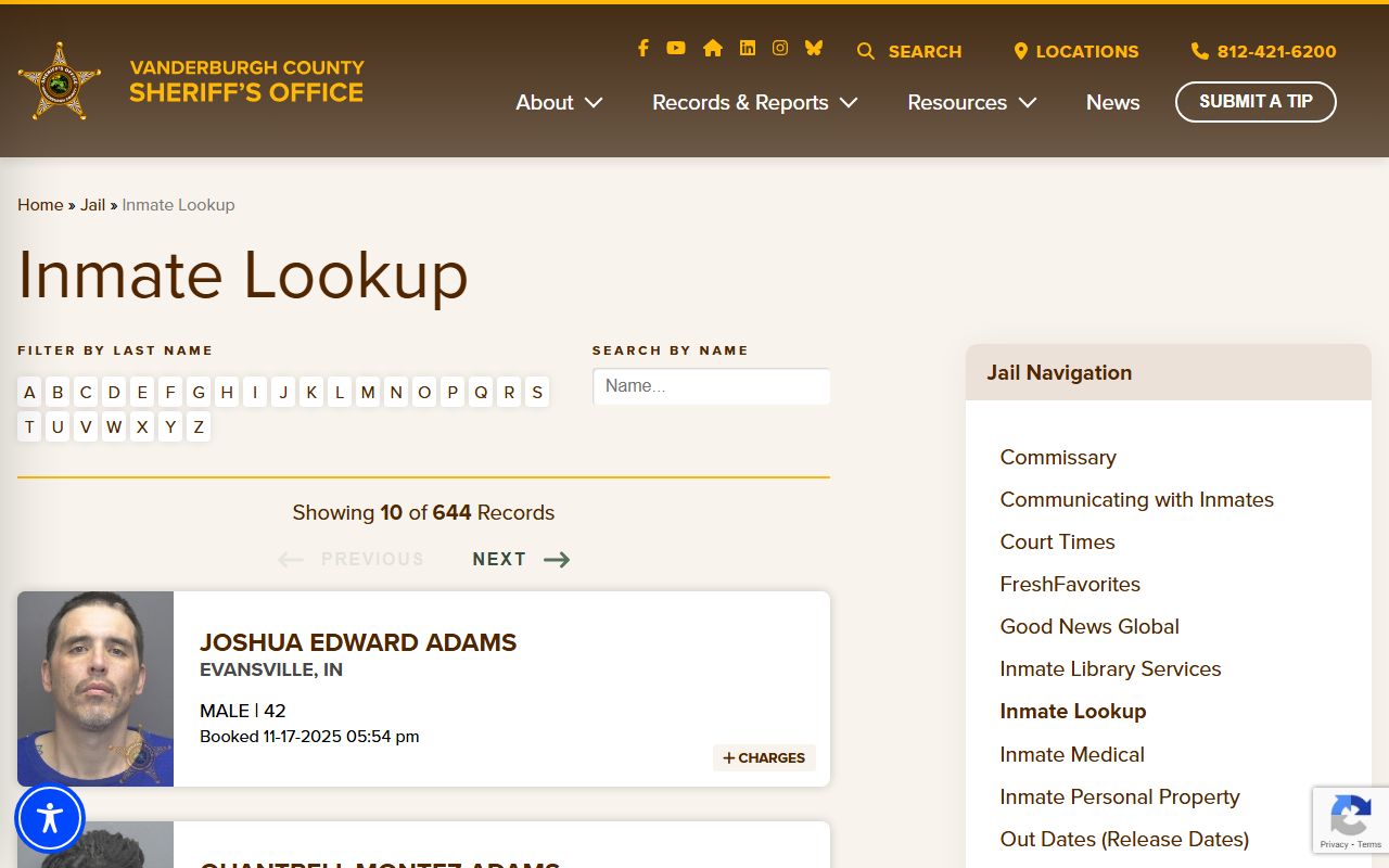 Vanderburgh County inmate lookup page for Evansville booking releases