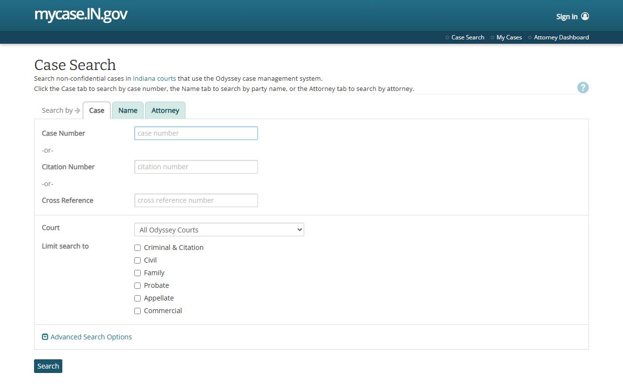 Indiana Court Case Search portal showing case details linked to Indiana booking releases