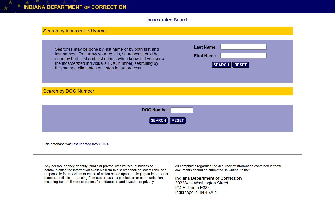 Indiana Department of Correction IDOC Offender Locator search tool for Indiana booking releases