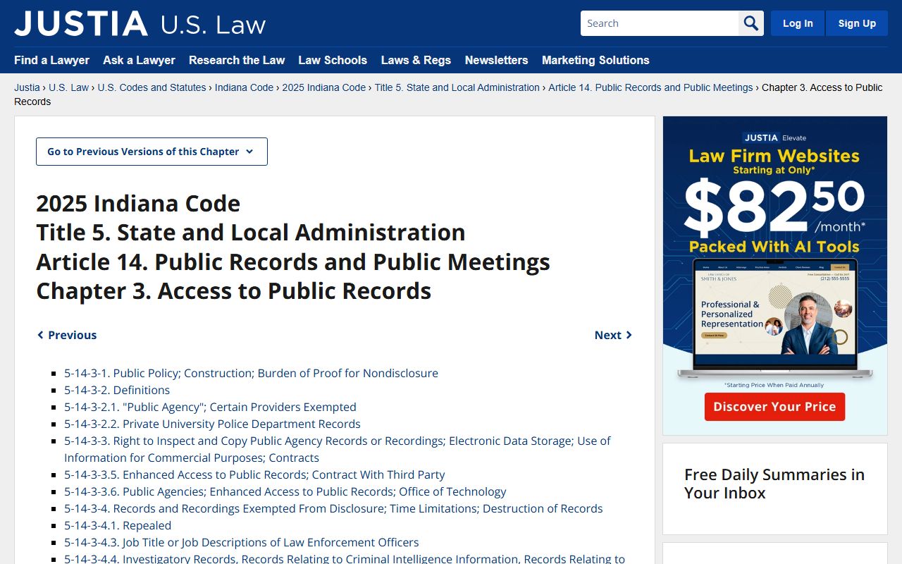 Indiana public records law page showing APRA statutes governing access to Indiana booking releases